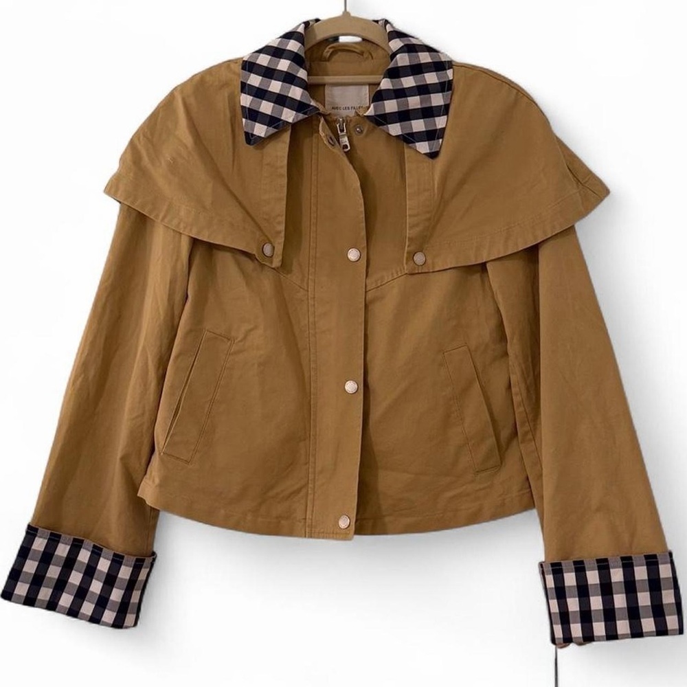Avec Les Filles Gingham Trim Cape Trench Jacket Khaki Tan XS NWT - Picture 4 of 12
